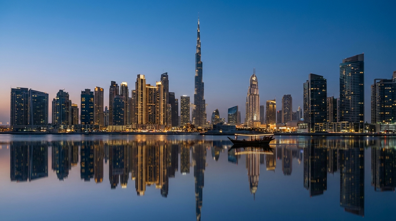 Dubai skyline at blue hour, United Arab Emirates