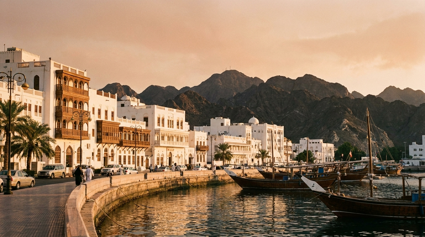 Mutrah Corniche at golden hour, Muscat, Oman