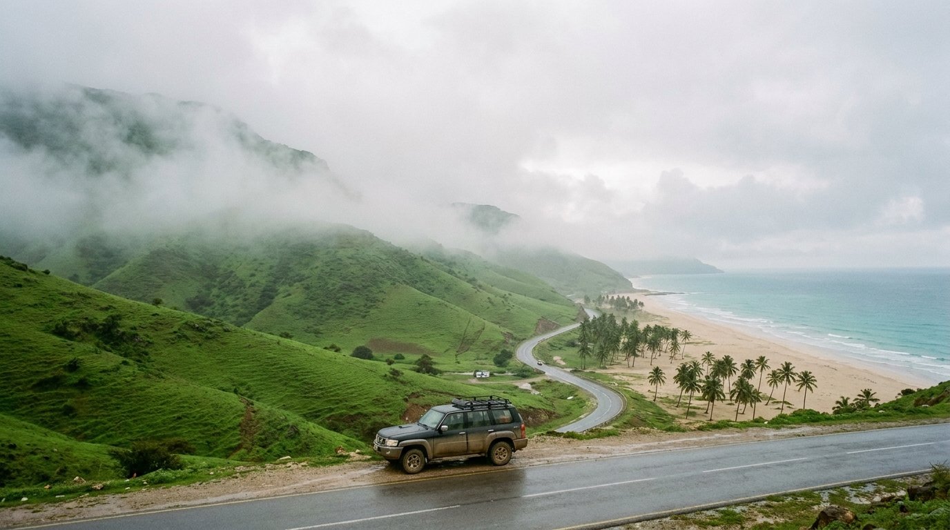Green misted hills above the Salalah coast during khareef, Oman