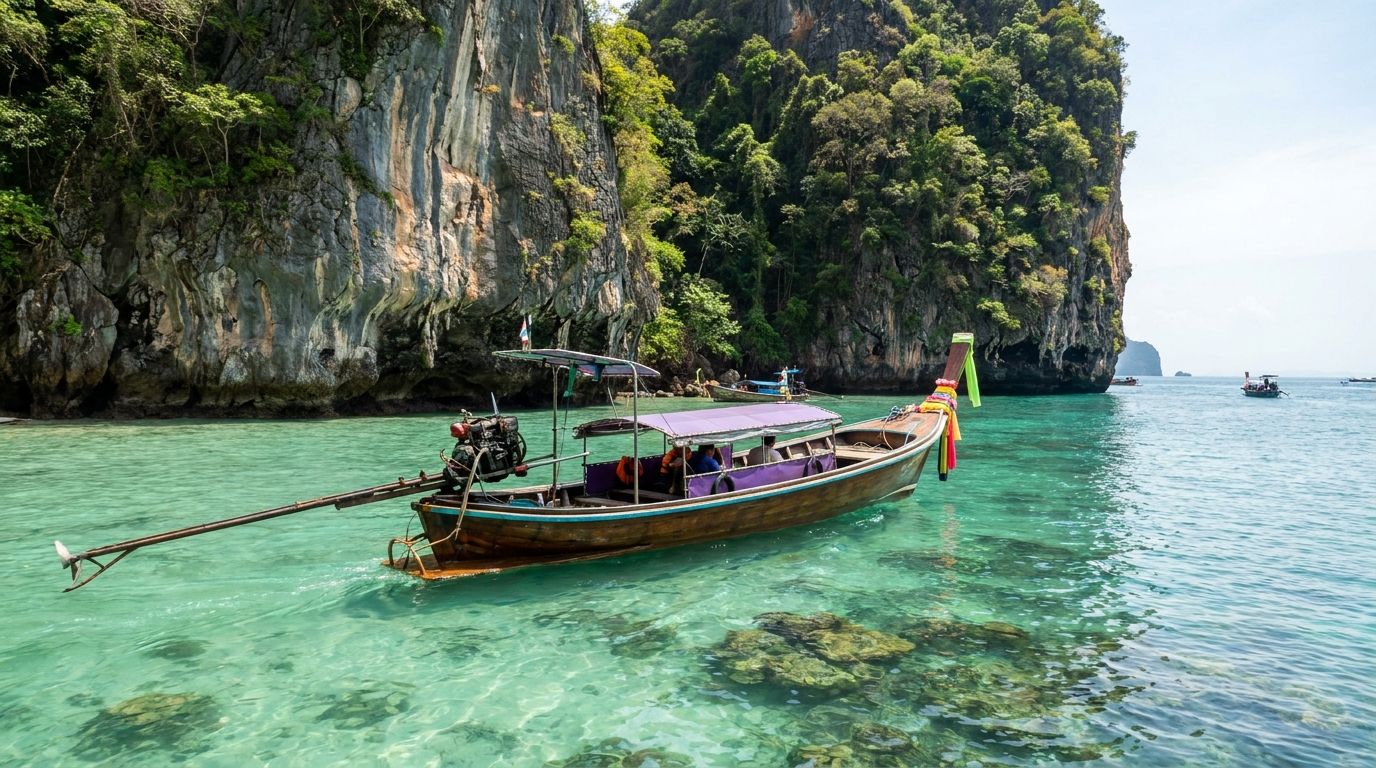 Longtail boat below limestone cliffs, Phuket, Thailand