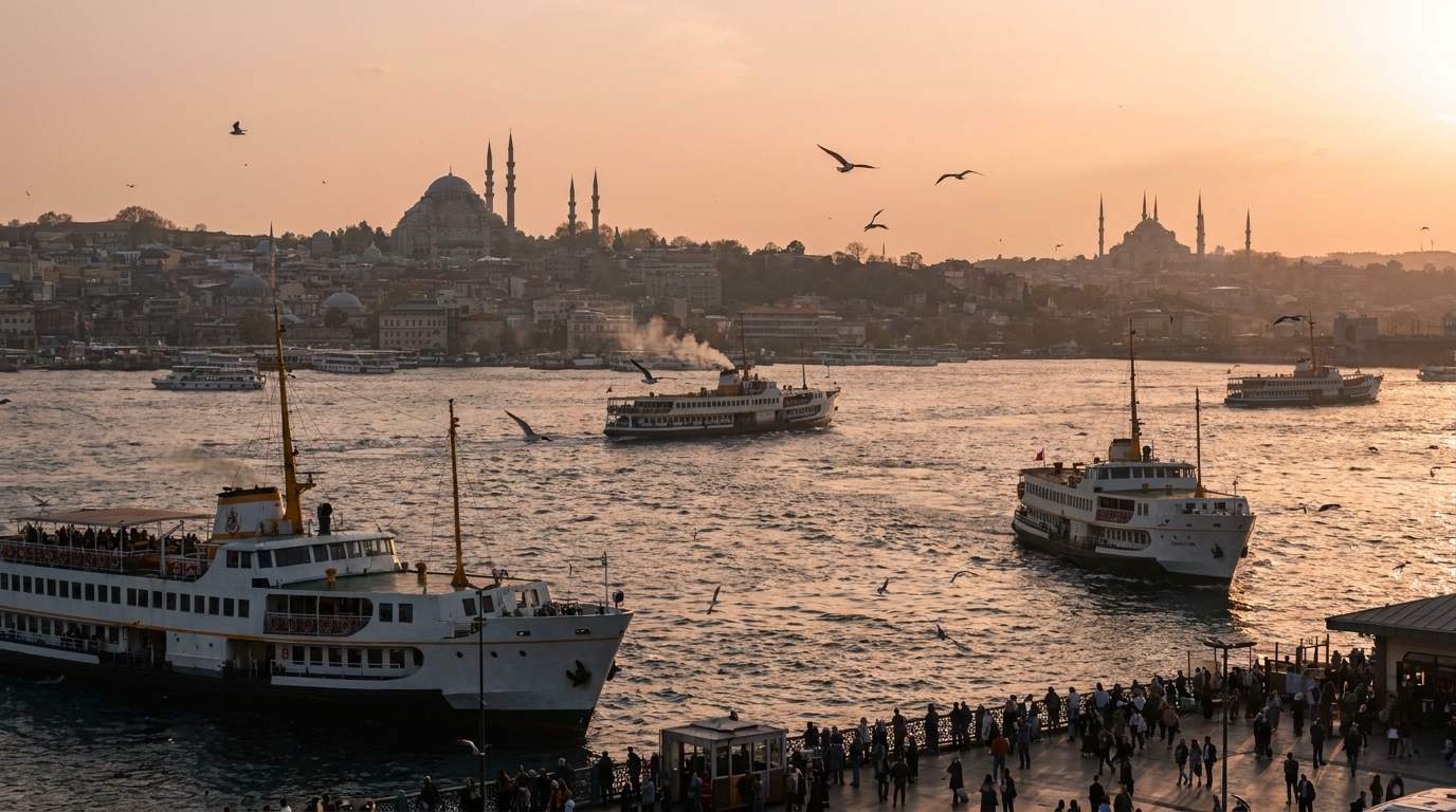 The Bosphorus and Istanbul skyline at golden hour, Turkiye