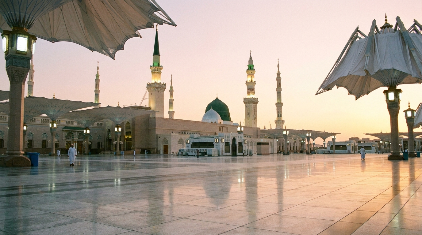 The Prophet Mosque in Madinah at dawn, Saudi Arabia