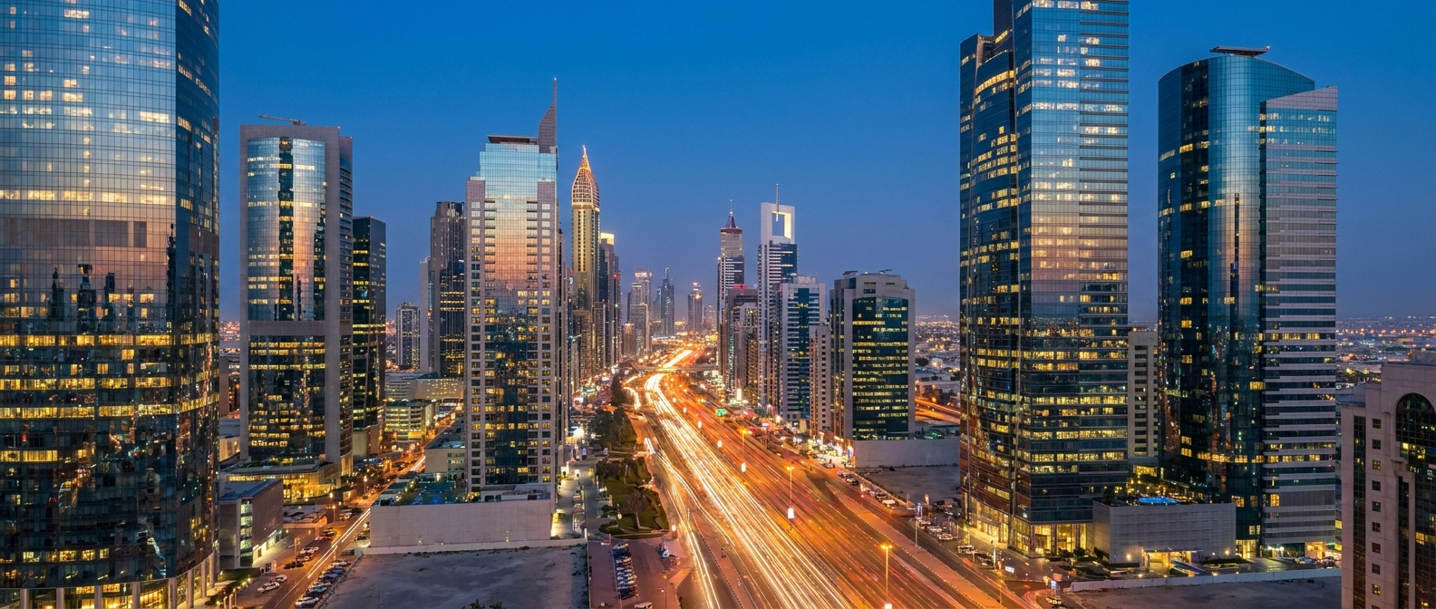 Gulf city skyline at blue hour