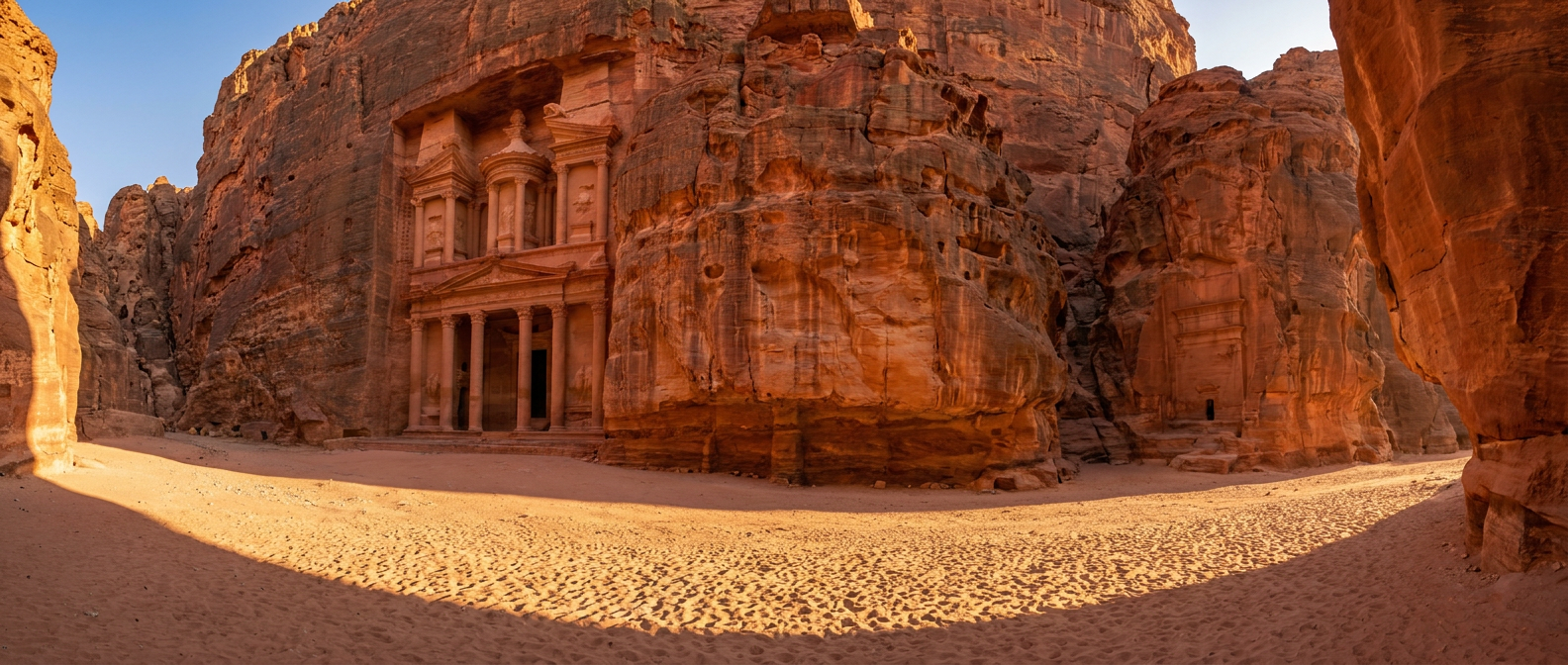 Rose sandstone desert ruins at golden hour, Middle East