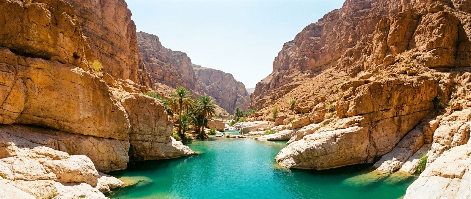 Wadi with turquoise pools between canyon walls, Oman